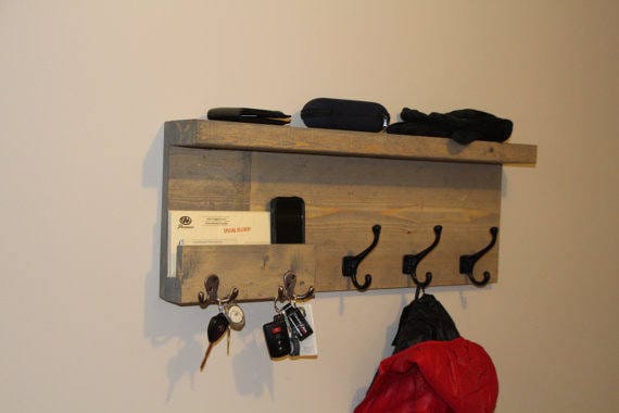 Modern Entryway Storage Coat Rack with pocket, Mail Storage Coat Hooks, Key Shelf, Rustic Entryway Coat Rack Shelf, Phone Key Organizer