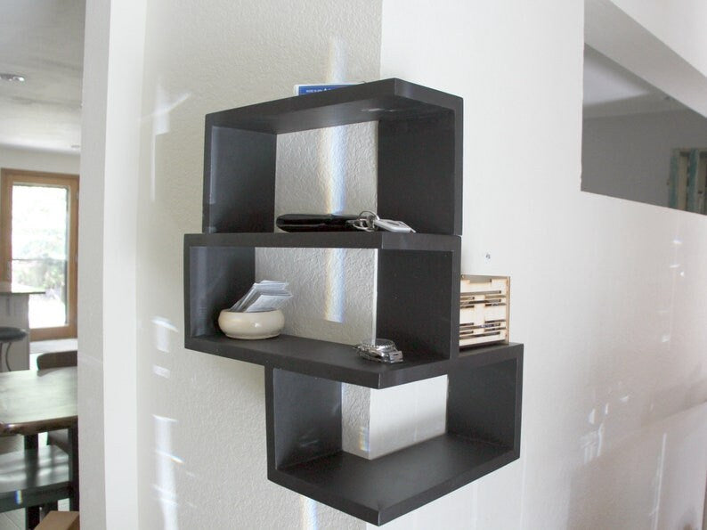 Black Modern corner shelf. Floating Wrap Around Wall Shelves, Wall Mounted Corner Shelving Unit