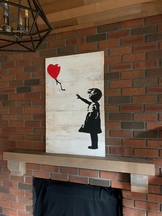 Girl with a Red Heart Balloon, large Wooden art, Rustic wood,  Banksy Street Art, Girl with Heart Print
