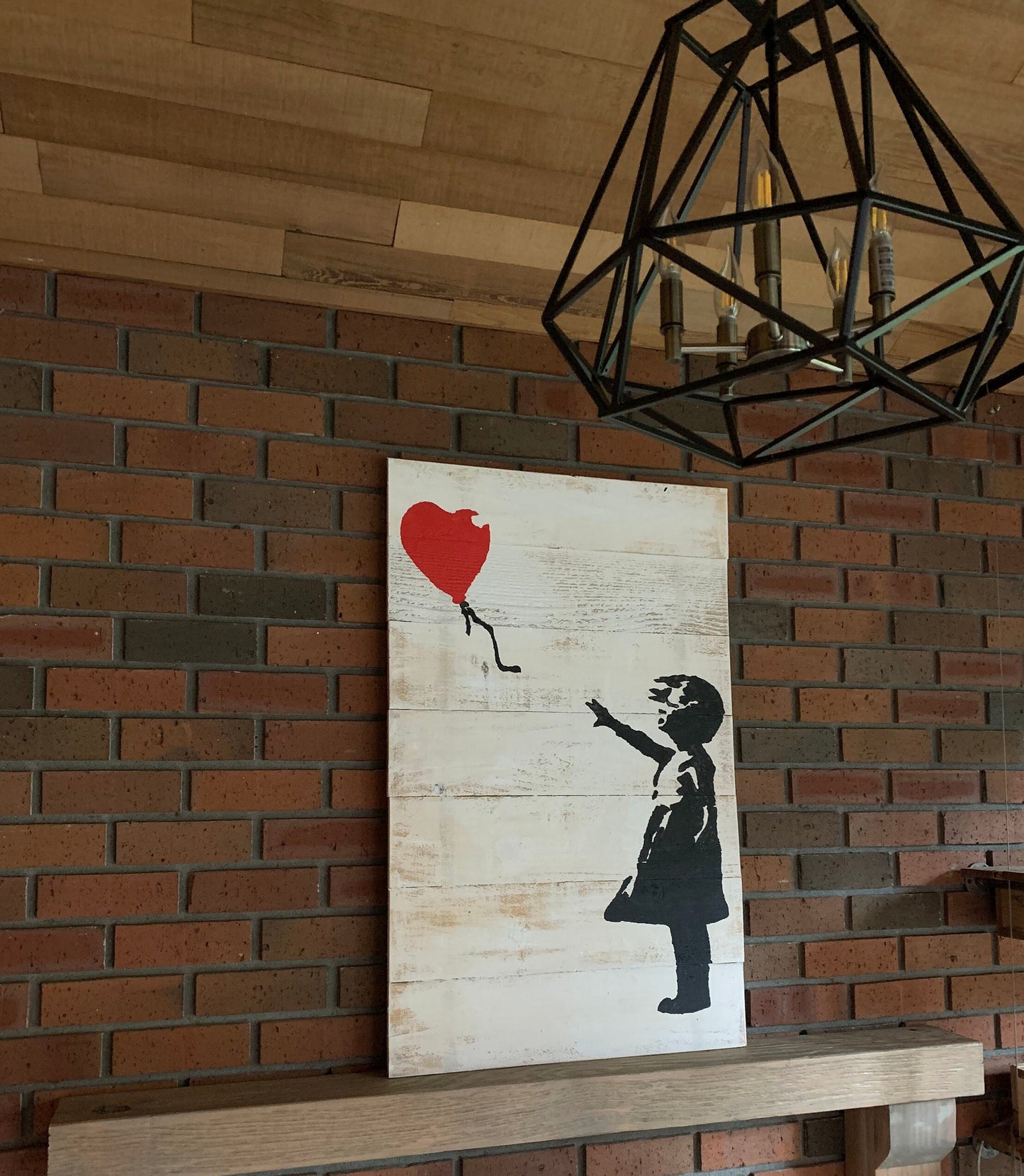 Girl with a Red Heart Balloon, large Wooden art, Rustic wood,  Banksy Street Art, Girl with Heart Print
