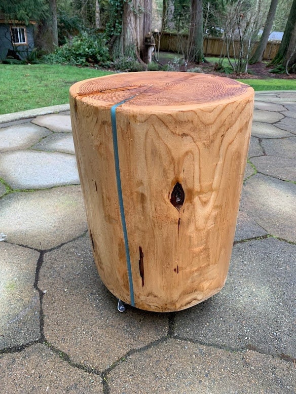 Cedar Stump/Side Table with colored epoxy and wheels from solid wood, made in USA.