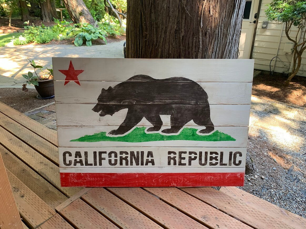 Large Rustic California State Flag or Bear Flag on reclaimed Wood, California Wooden Flag, wood flag, California Republic, Golden Bear